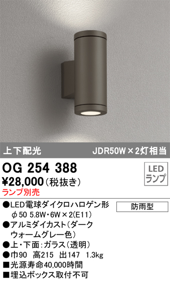 安心のメーカー保証 【インボイス対応店】OG254388 オーデリック ポーチライト LED ランプ別売 Ｔ区分の画像