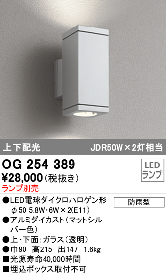 安心のメーカー保証 【インボイス対応店】OG254389 オーデリック ポーチライト LED ランプ別売 Ｔ区分の画像