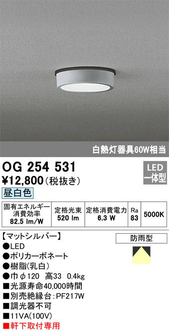 安心のメーカー保証【インボイス対応店】OG254531 オーデリック ポーチライト 軒下用 LED  Ｈ区分の画像