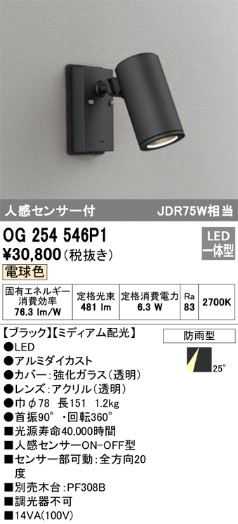 安心のメーカー保証【インボイス対応店】OG254546P1 オーデリック 屋外灯 スポットライト LED  Ｔ区分の画像