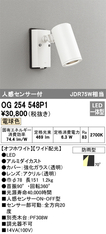 安心のメーカー保証【インボイス対応店】OG254548P1 オーデリック 屋外灯 スポットライト LED  Ｔ区分の画像