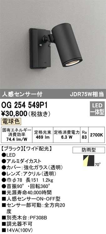 安心のメーカー保証【インボイス対応店】OG254549P1 オーデリック 屋外灯 スポットライト LED  Ｔ区分の画像