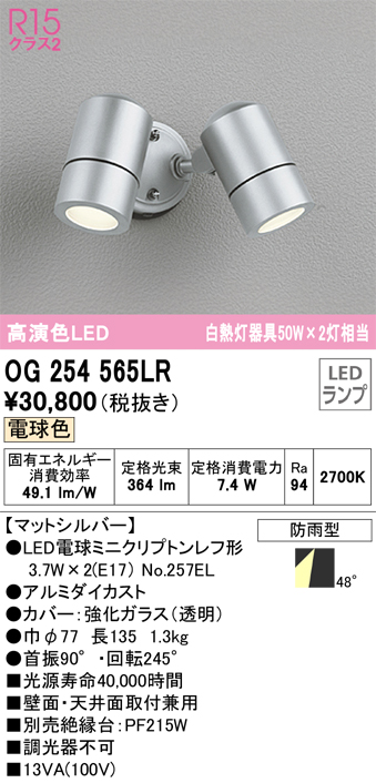 安心のメーカー保証【インボイス対応店】OG254565LR （ランプ別梱包）『OG254565#＋NO257EL×2』 オーデリック 屋外灯 スポットライト LED  Ｔ区分の画像