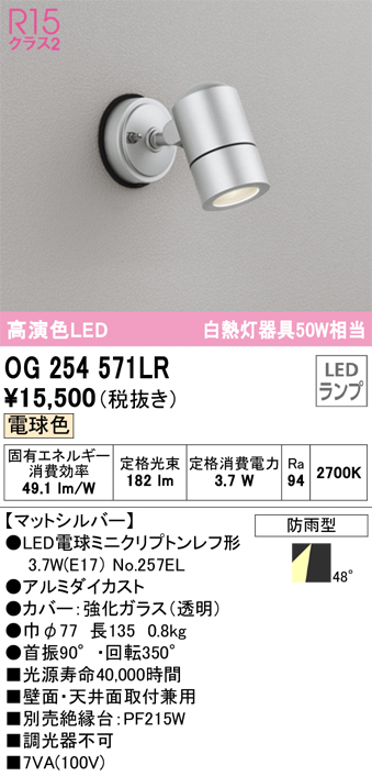 安心のメーカー保証 期間限定特価【インボイス対応店】OG254571LR （ランプ別梱包）『OG254571#＋NO257EL』 オーデリック 屋外灯 スポットライト LED  Ｈ区分の画像
