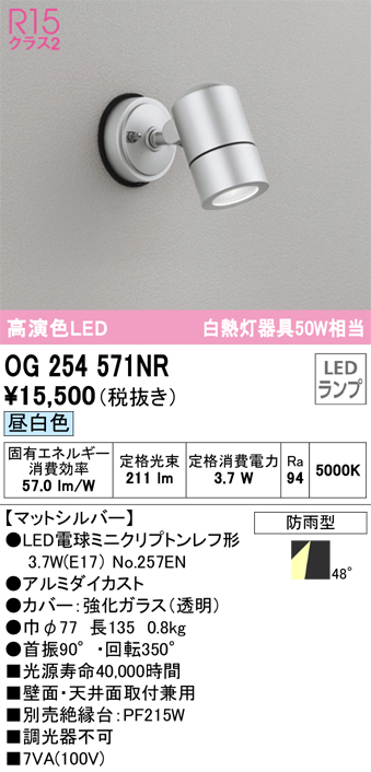 安心のメーカー保証 期間限定特価【インボイス対応店】OG254571NR （ランプ別梱包）『OG254571#＋NO257EN』 オーデリック 屋外灯 スポットライト LED  Ｎ区分の画像