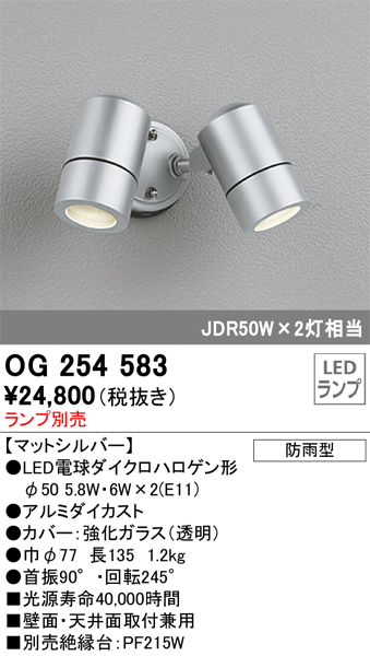 安心のメーカー保証 【インボイス対応店】OG254583 オーデリック 屋外灯 スポットライト LED ランプ別売 Ｔ区分の画像