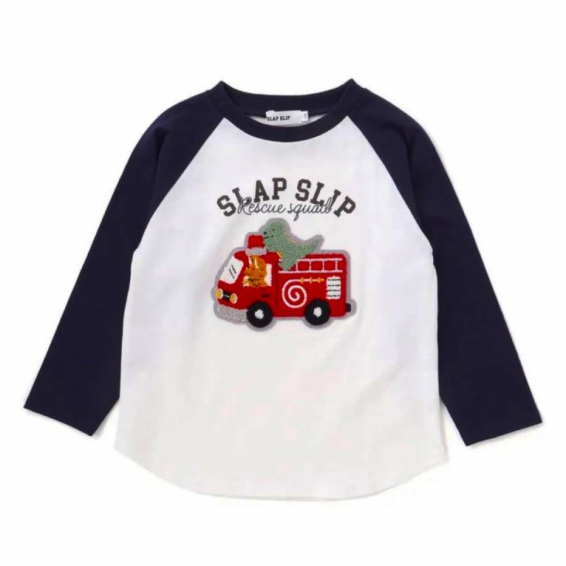 SLAPSLIP 消防自動車サガラワッペン付きラグラン長袖Tシャツ(80-130cm)　【メール便送料198円対応】の画像