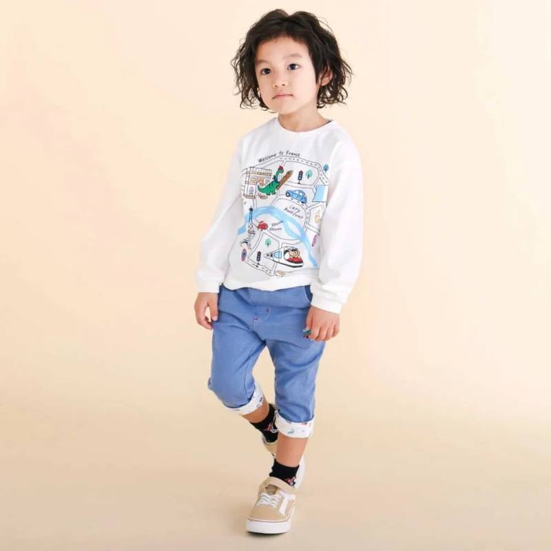 SLAP SLIP(スラップスリップ) 「恐竜＆乗り物刺繍入り 折り返し裾7分丈ストレッチパンツ」(80-120cm) 【メール便送料198円対応】の画像