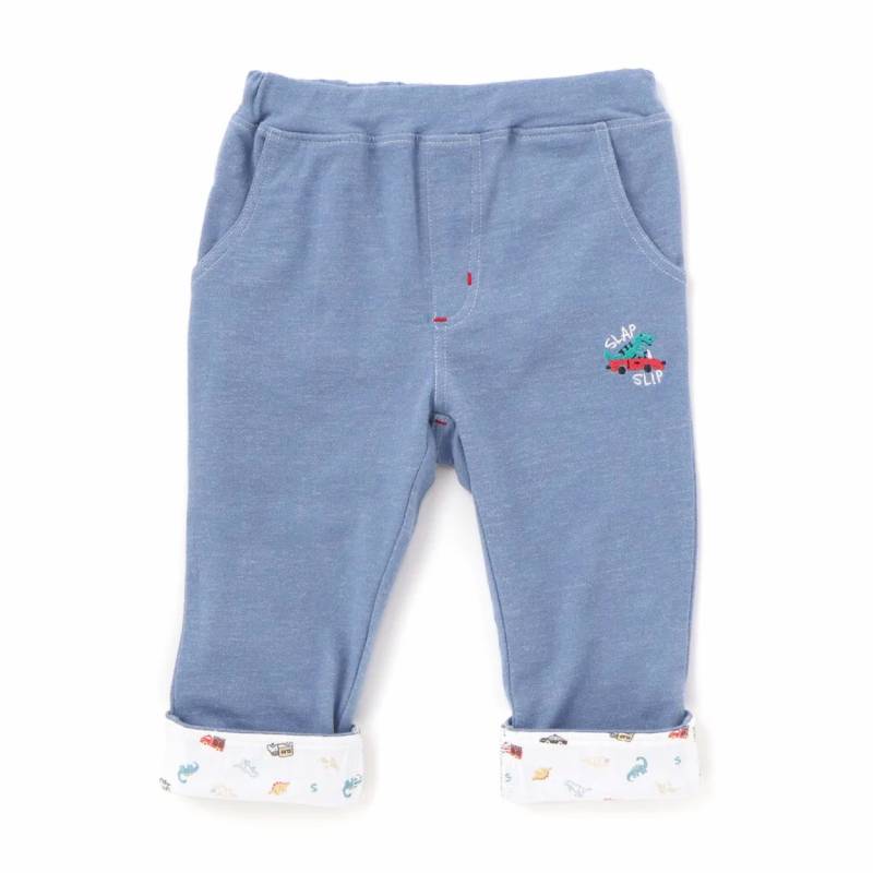 SLAP SLIP(スラップスリップ) 「恐竜＆乗り物刺繍入り 折り返し裾7分丈ストレッチパンツ」(80-120cm) 【メール便送料198円対応】の画像