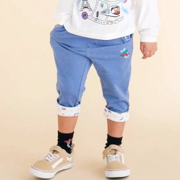 SLAP SLIP(スラップスリップ) 「恐竜＆乗り物刺繍入り 折り返し裾7分丈ストレッチパンツ」(80-120cm) 【メール便送料198円対応】の画像