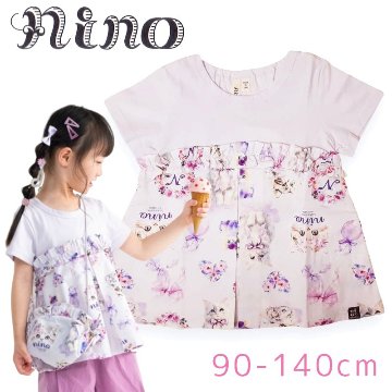 nino「ねこプリント切り替えTシャツ」(90-140cm) 【メール便送料無料】の画像