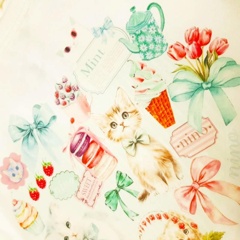 nino「ミントストライプハートねこプリントTシャツ」(90-140cm) 【メール便送料無料】の画像