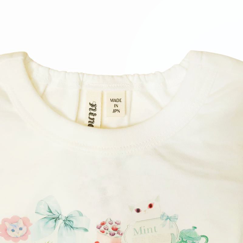 nino「ミントストライプハートねこプリントTシャツ」(90-140cm) 【メール便送料無料】の画像