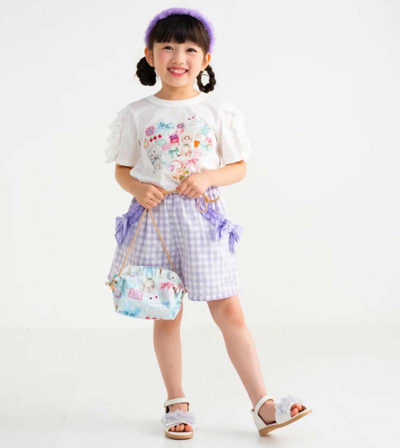 nino「ミントストライプハートねこプリントTシャツ」(90-140cm) 【メール便送料無料】の画像