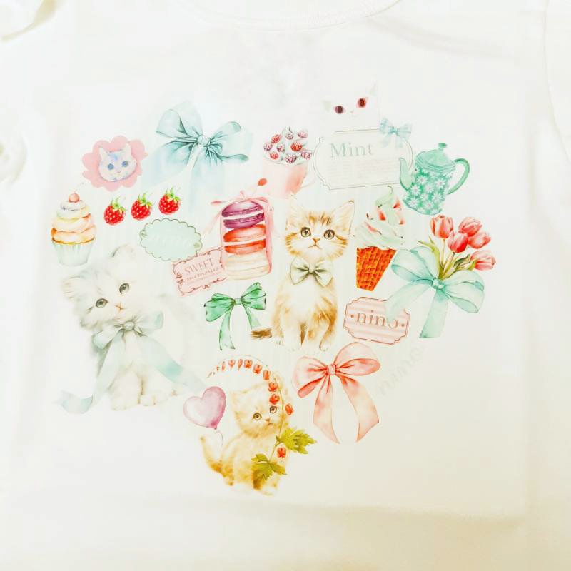 nino「ミントストライプハートねこプリントTシャツ」(90-140cm) 【メール便送料無料】の画像