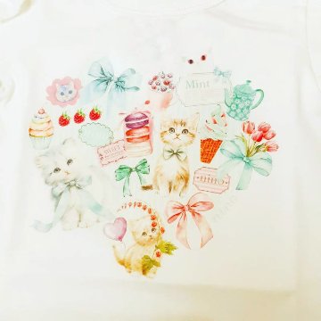 nino「ミントストライプハートねこプリントTシャツ」(90-140cm) 【メール便送料無料】の画像