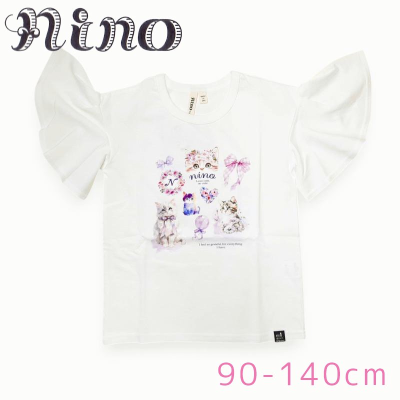 nino「ラベンダーねこプリントフレアースリーブTシャツ」(90-140cm) 【メール便送料無料】の画像