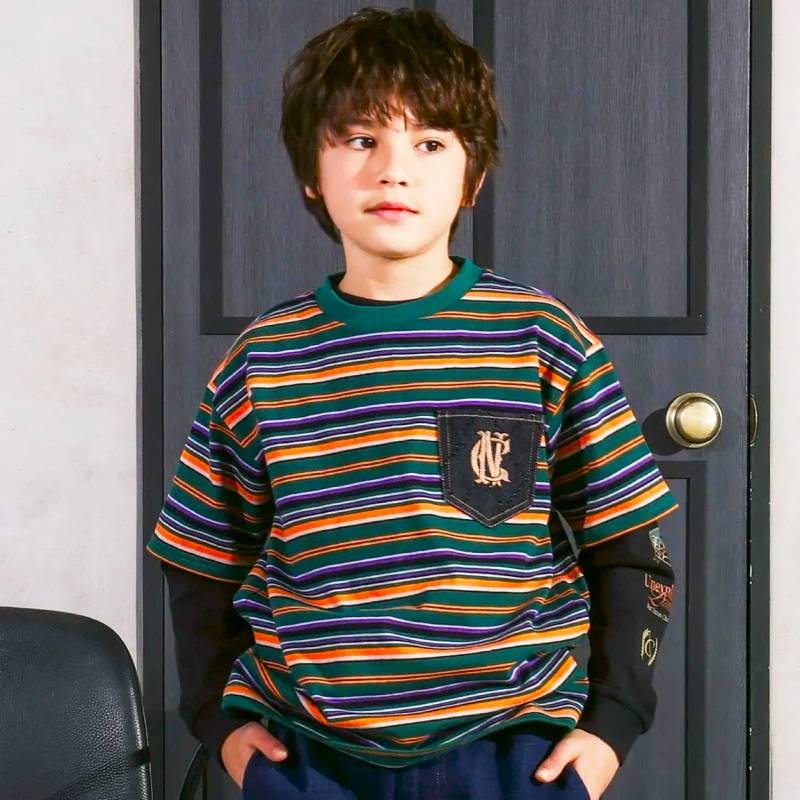 nexchic (ネクシック) 「マルチボーダーTシャツ＋長袖Tシャツセット」(110-150cm)　メール便送料無料の画像