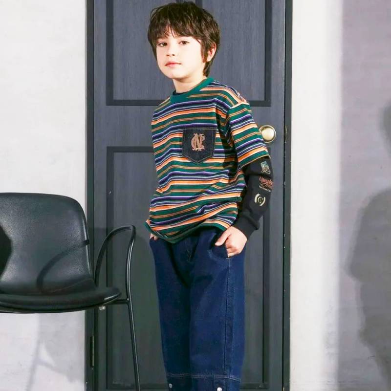 nexchic (ネクシック) 「マルチボーダーTシャツ＋長袖Tシャツセット」(110-150cm)　メール便送料無料の画像