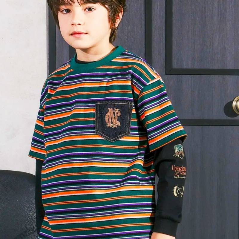 nexchic (ネクシック) 「マルチボーダーTシャツ＋長袖Tシャツセット」(110-150cm)　メール便送料無料の画像