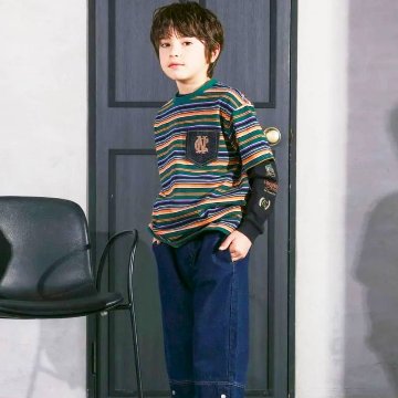 nexchic (ネクシック) 「マルチボーダーTシャツ＋長袖Tシャツセット」(110-150cm)　メール便送料無料の画像