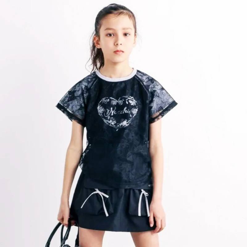 nexchic (ネクシック) 「シルバーハートPtチュールレイヤードTシャツ」(110-150cm)　メール便送料198円対応の画像