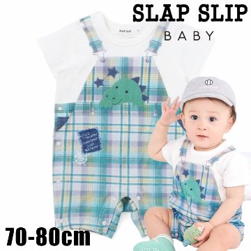SLAP SLIP baby (スラップスリップ) 「 チェックサロペット重ね着風プリントカバーオール」(70-80cm)  メール便対応可の画像