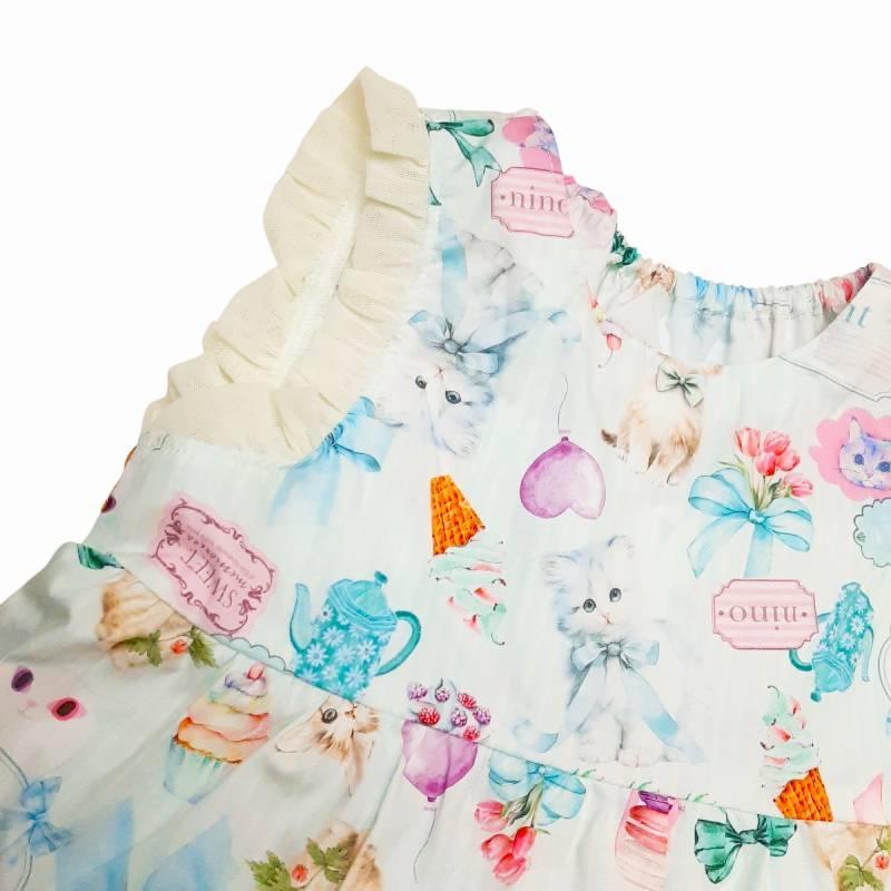 nino「ミントストライプねこプリントティアードブラウス」(90-140cm) 【メール便送料無料】の画像