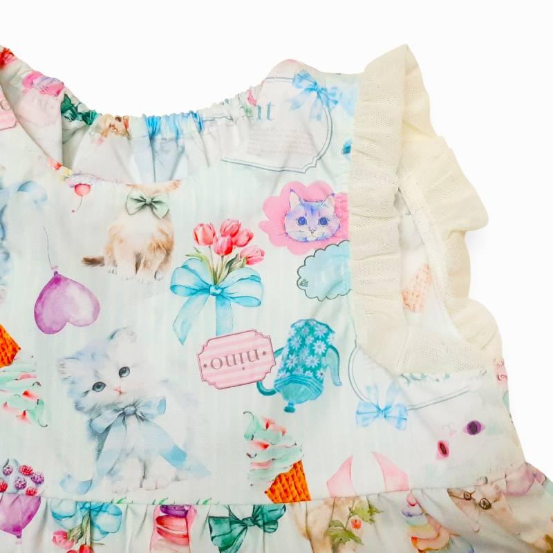 nino「ミントストライプねこプリントティアードブラウス」(90-140cm) 【メール便送料無料】の画像