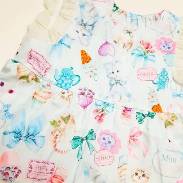 nino「ミントストライプねこプリントティアードブラウス」(90-140cm) 【メール便送料無料】の画像