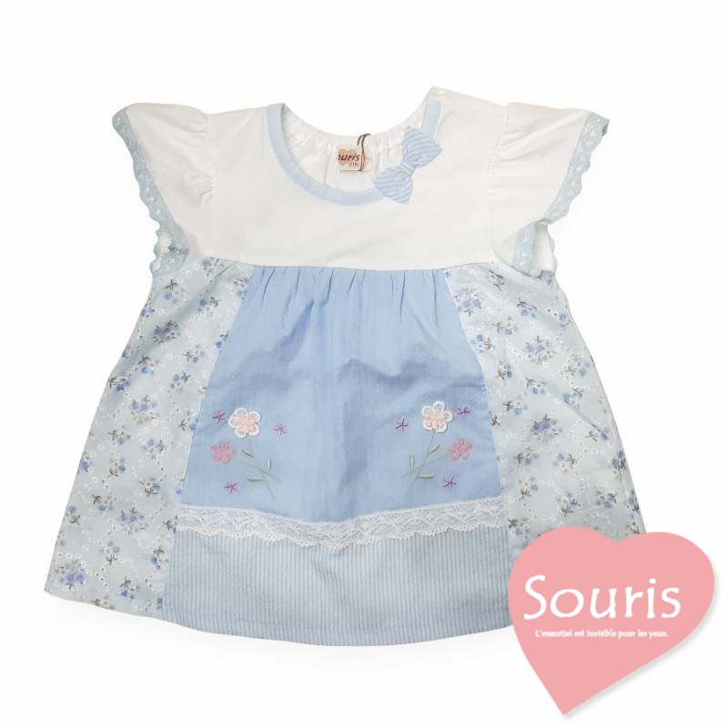 Souris(スーリー)「お花モチーフ付き切り替えフレンチスリーブブラウス」（90-130cm） メール便送料無料の画像