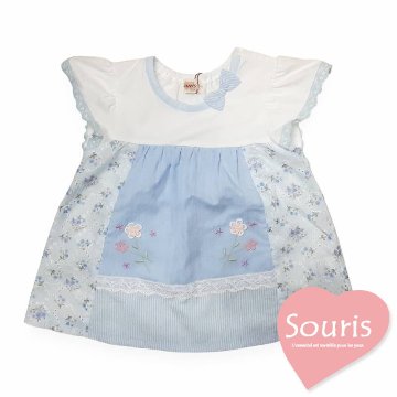 Souris(スーリー)「お花モチーフ付き切り替えフレンチスリーブブラウス」（90-130cm） メール便送料無料の画像