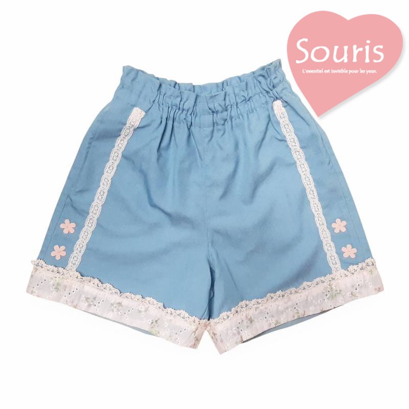 Souris(スーリー)「裾レース＆お花モチーフ付き ショートパンツ」（100-140cm） 【メール便送料無料】の画像