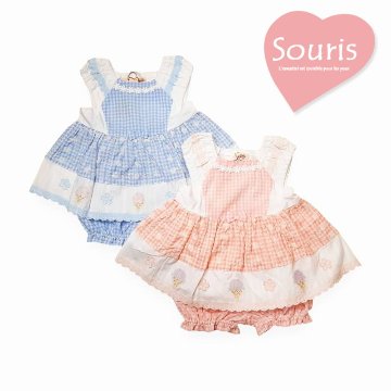 Souris (スーリー) 「ギンガムチェックアイスクリーム刺繍 ミルキースーツ 632」（80-90cm）メール便送料無料の画像