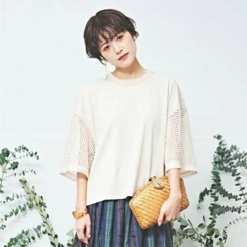 MUUNAA「接触冷感鹿の子天竺メッシュ袖Tシャツ」FREE   【メール便送料無料】の画像