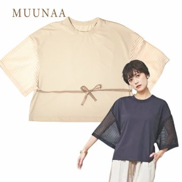 MUUNAA「接触冷感鹿の子天竺メッシュ袖Tシャツ」FREE   【メール便送料無料】の画像