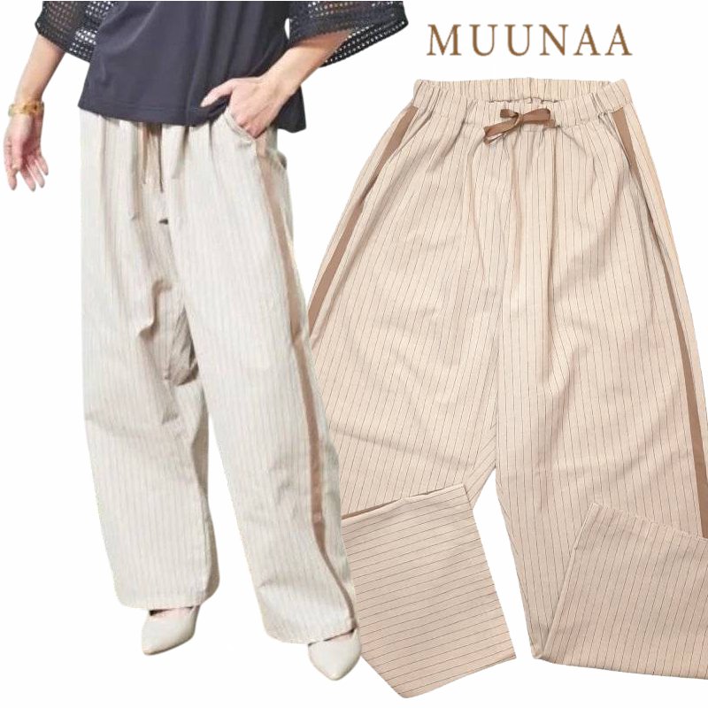 MUUNAA「コットンリネンストライプラインパンツ」FREE   の画像