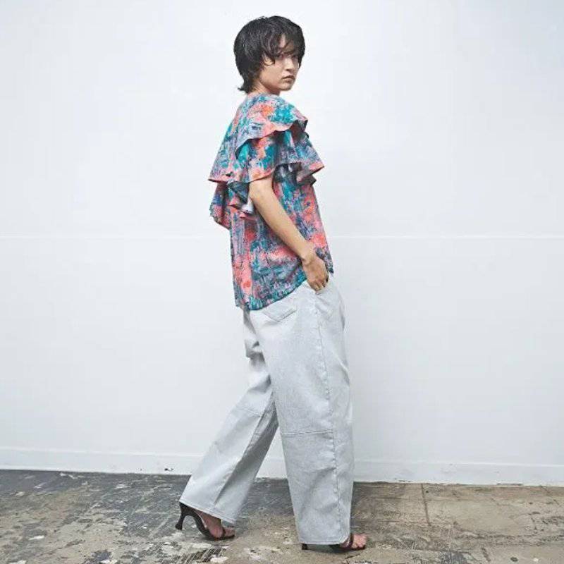 MUUNAA「ストレッチカラーデニムバレルシルエットパンツ」M   の画像