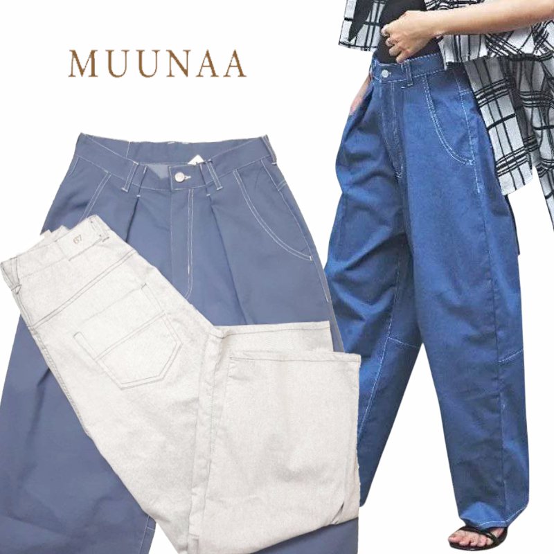 MUUNAA「ストレッチカラーデニムバレルシルエットパンツ」M   の画像