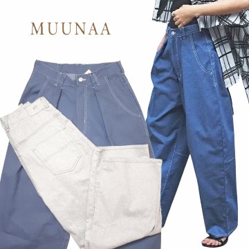 MUUNAA「ストレッチカラーデニムバレルシルエットパンツ」M   の画像