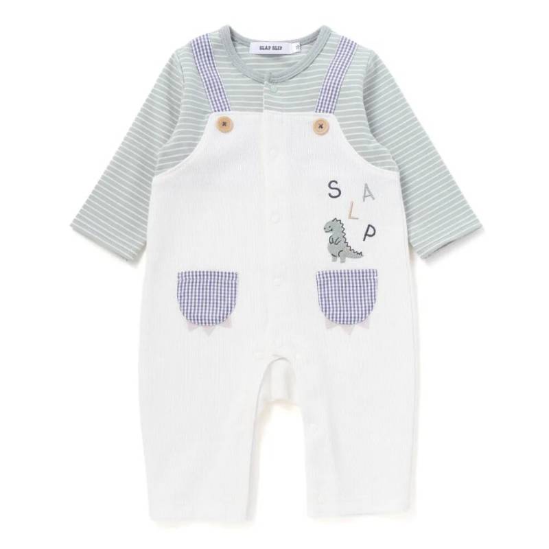 SLAP SLIP baby (スラップスリップ) 「 恐竜サロペット重ね着風ボーダーカバーオール」(70-80cm)  メール便対応可の画像