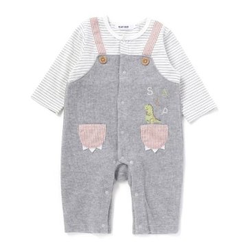SLAP SLIP baby (スラップスリップ) 「 恐竜サロペット重ね着風ボーダーカバーオール」(70-80cm)  メール便対応可の画像