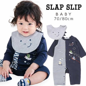 SLAP SLIP baby (スラップスリップ) 「 ミニ裏毛ボーダー切り替えロンパース＋スタイセット」(70-80cm)  メール便対応可の画像