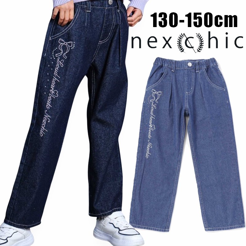 nexchic (ネクシック) 「ラインストーン＆リボンロゴ刺繍デニムストレートパンツ」(130-150cm) の画像