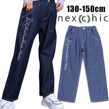 nexchic (ネクシック) 「ラインストーン＆リボンロゴ刺繍デニムストレートパンツ」(130-150cm) の画像