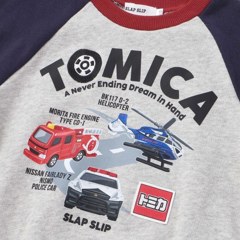 SLAP SLIP(スラップスリップ) 「【TOMICAコラボ】乗り物プリントラグラン袖裏毛トレーナー」(90-120cm) 【メール便対応】の画像