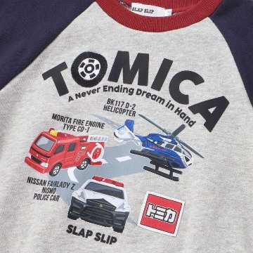 SLAP SLIP(スラップスリップ) 「【TOMICAコラボ】乗り物プリントラグラン袖裏毛トレーナー」(90-120cm) 【メール便対応】の画像