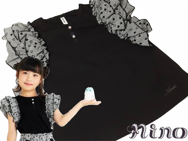 nino「ギンガムチェックハートフロッキー柄フリル袖Tシャツ」(100-130cm) 【 メール便送料無料】の画像