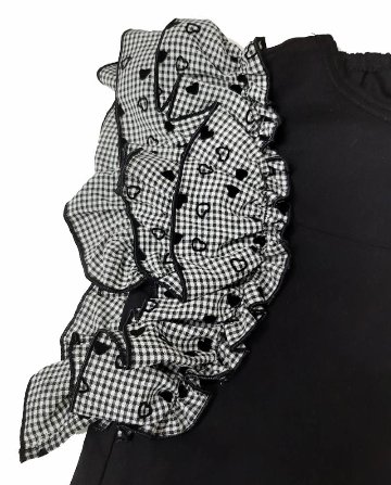 nino「ギンガムチェックハートフロッキー柄フリル袖Tシャツ」(100-130cm) 【 メール便送料無料】の画像