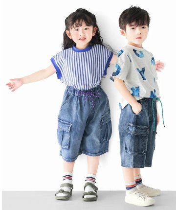 L.COPECK（エルコペック）「ライトオンスデニムカーゴワイド６分丈パンツ」(100-140cm)」 【メール便送料198円対応可】の画像